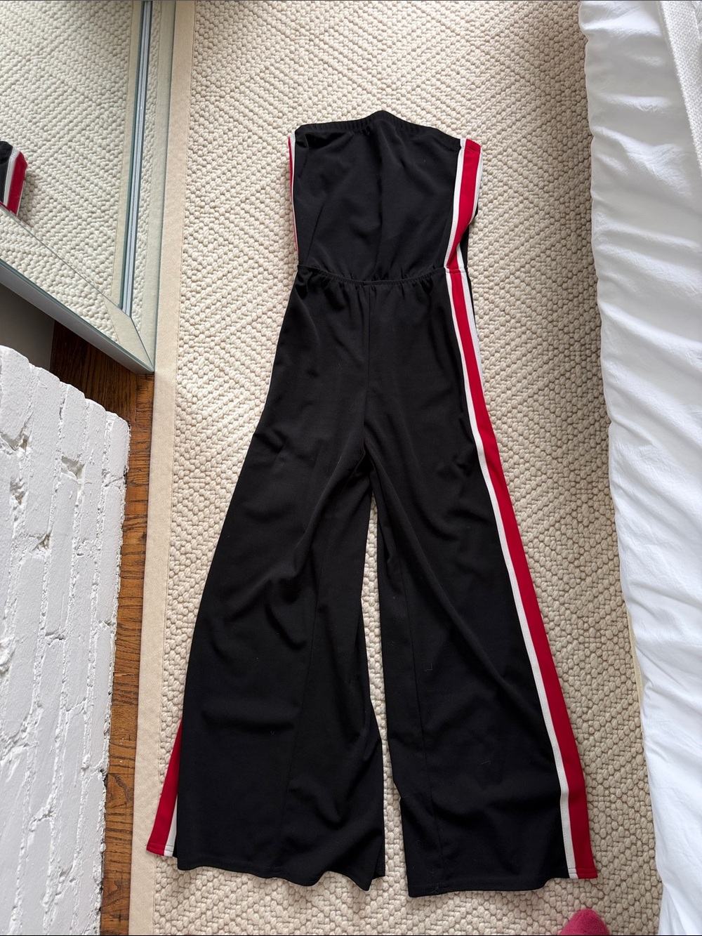 Black Strapless Wide-Leg Jumpsuit with Red & White Side Stripes
